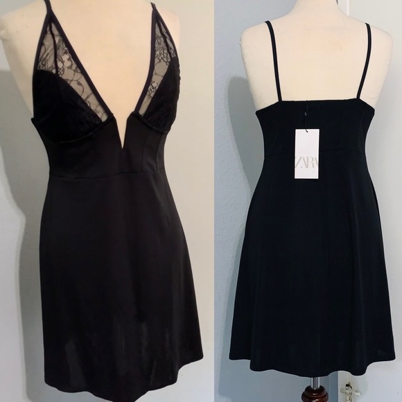 Zara New Women V-Neck Short Black Sexy Slip Dress Size Large - Picture 1 of 13